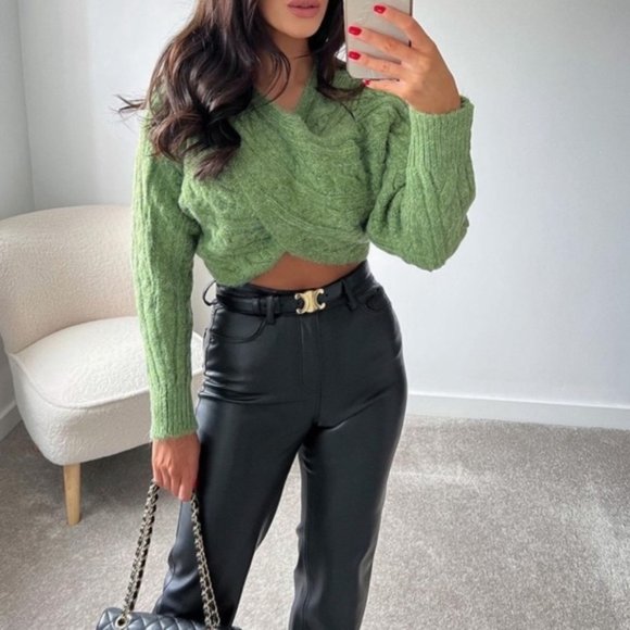 Zara Cable Knit Cropped Scarf Sweater In Green - Picture 7 of 16